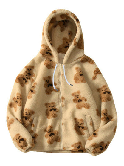 Norvielle Damen Kapuzensweatshirt Teddyfell Muster Lockeres Design