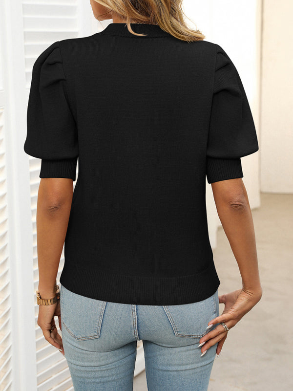 Damen Pullover Rundhals Einfarbig Kurzarm