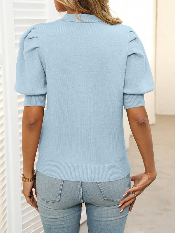 Damen Pullover Rundhals Einfarbig Kurzarm