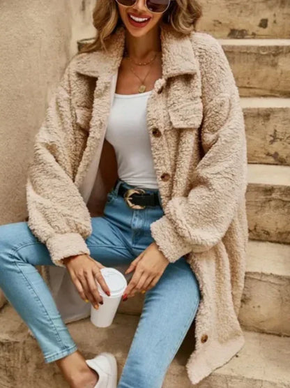 Damen Teddy-Mantel Beige Oversized Lang Knopfverschluss