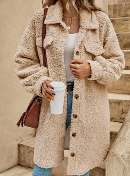 Damen Teddy-Mantel Beige Oversized Lang Knopfverschluss - Norvielle