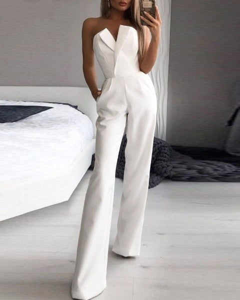 Damen Trägerlose Jumpsuit Weites Bein V-Ausschnitt