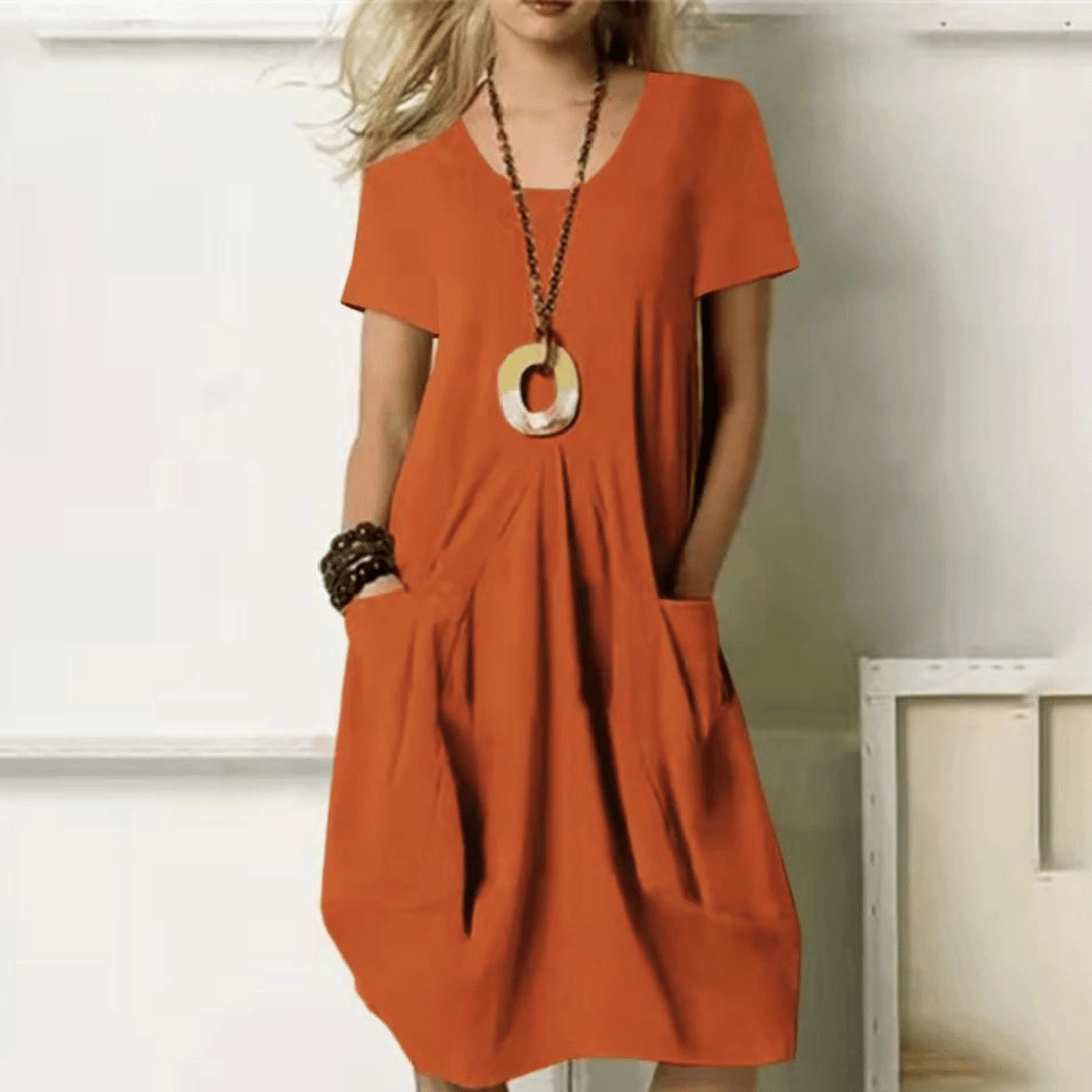 Damen Knielanges Kleid Kurzarm Schlicht