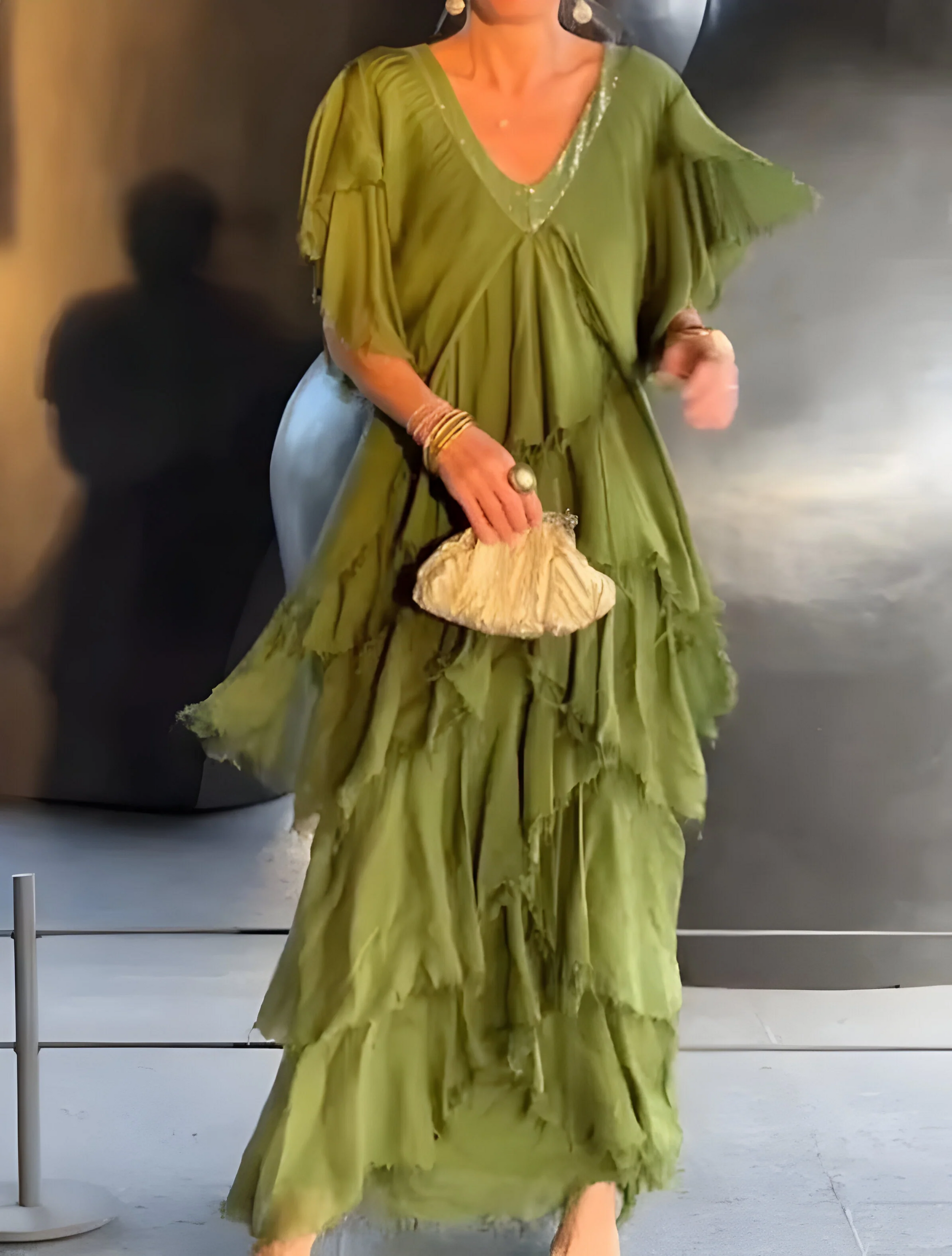 Damen Plissee Kleid V-Ausschnitt Elegantes Seidenkleid Schwarz - Norvielle