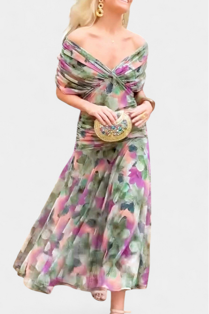 Damen Maxi Kleid Off-Shoulder Gerafftes