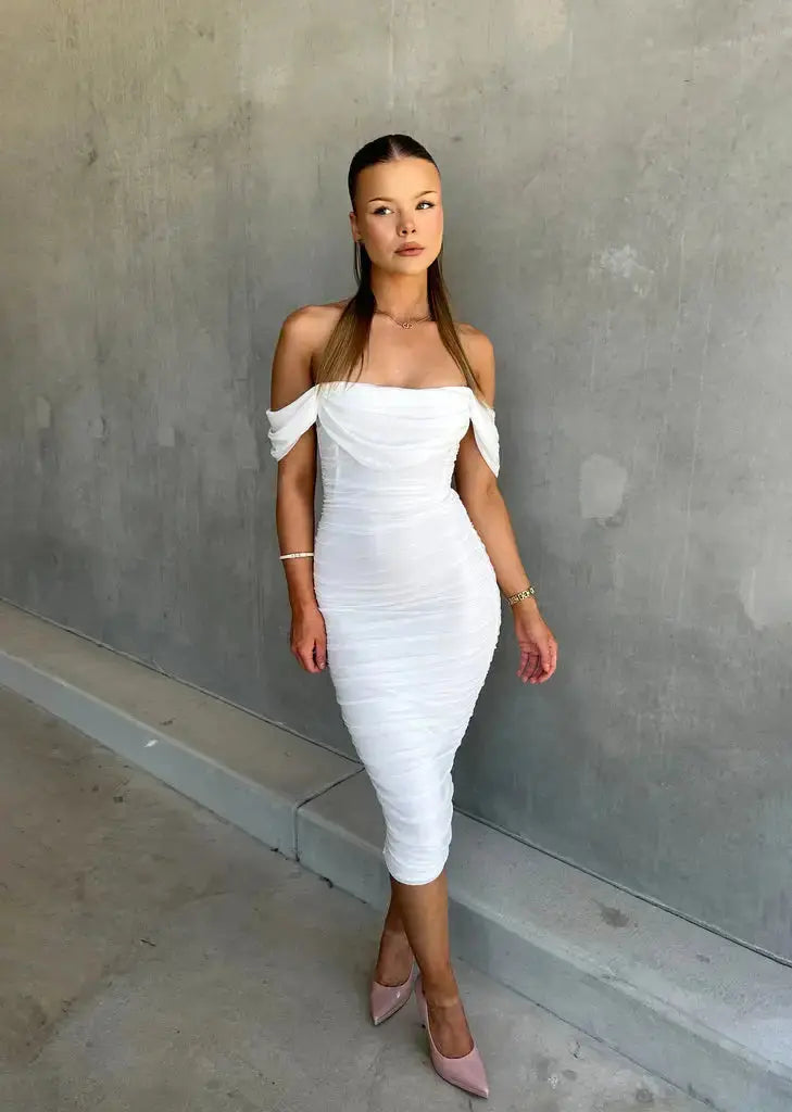 Chloë Damen Off-Shoulder-Midi-Kleid Weiß Rüschen Bodycon
