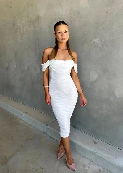 Chloë Damen Off-Shoulder-Midi-Kleid Weiß Rüschen Bodycon