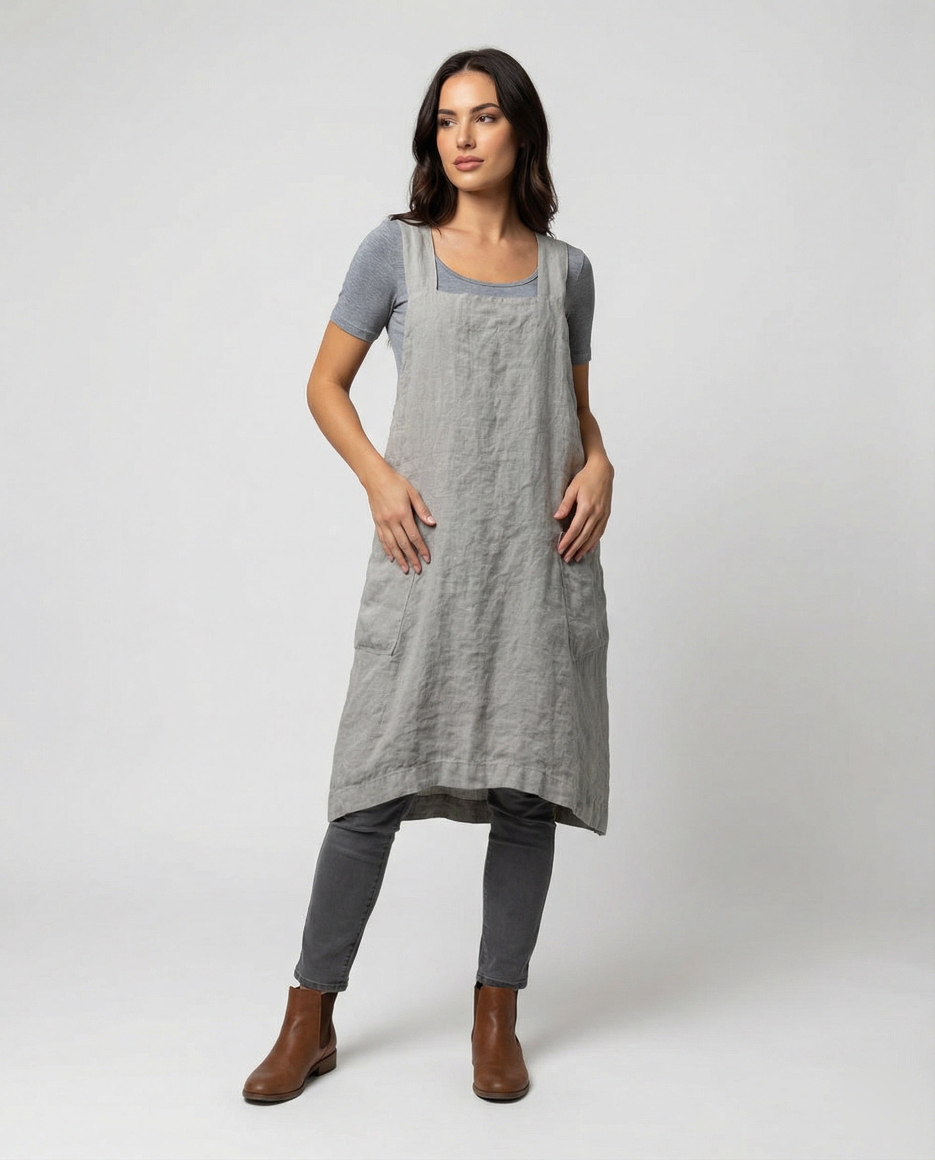Damen Schürzenkleid Ärmellos Quadratischer Ausschnitt Mit Taschen - Eveloria