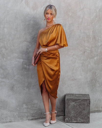 Damen Satinkleid Einer Schulter Midikleid Drapiert Mit Schlitz