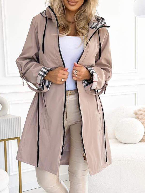 Damen Trenchcoat mit Kapuze und Karo Muster für Frühling und Herbst - Norvielle