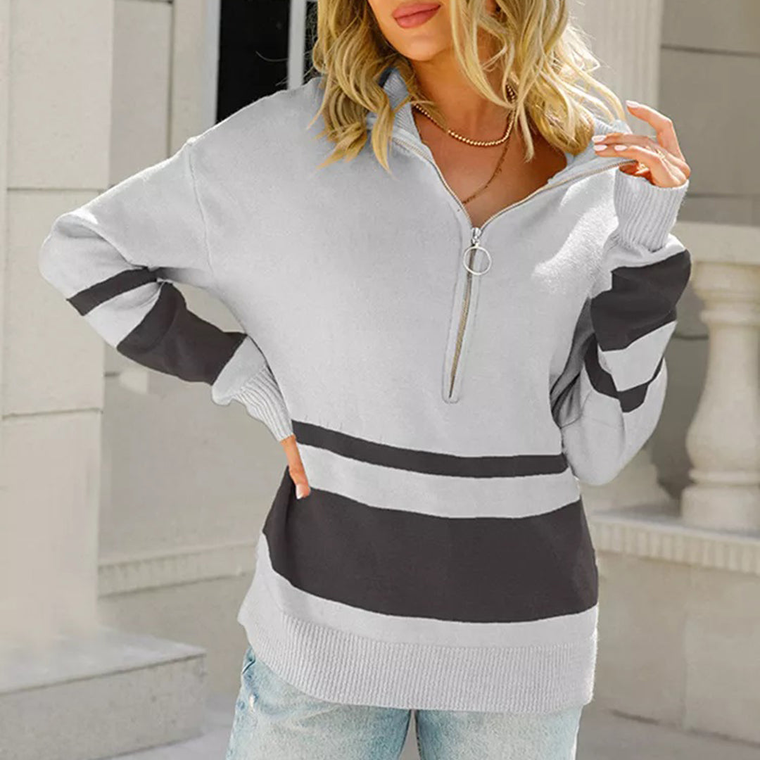 Damen Strickpullover mit Reißverschluss Streifenmuster Elegantes