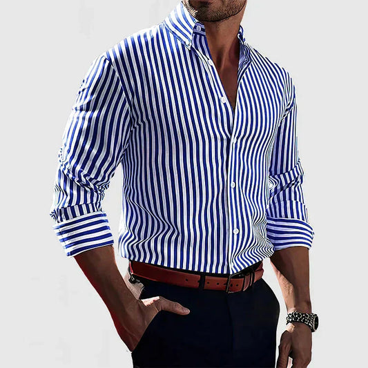 Herren Langarmhemd Streifen Baumwolle Relaxed Blau - Eveloria