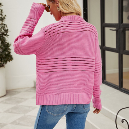 Damen Strickpullover Leichter Lochmuster Rundhalsausschnitt