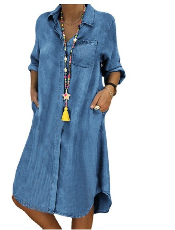 Damen Jeanskleid Langärmlig Mit Revers Blau - Norvielle