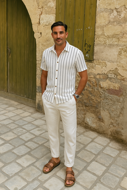 Herren Sommer-Set Gestreiftes Hemd Leinenhose Beige - Norvielle