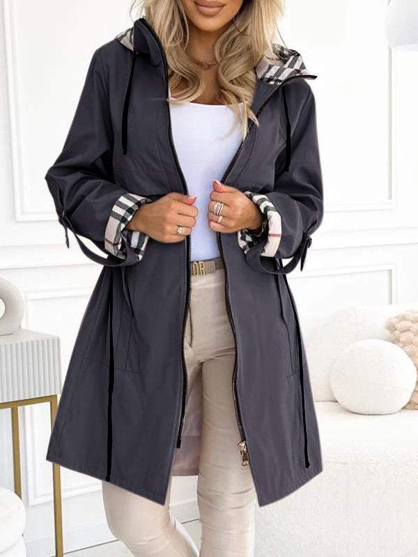 Damen Trenchcoat mit Kapuze und Karo Muster für Frühling und Herbst