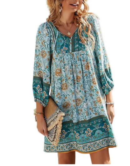 Ritchie Damen Sommerkleid Blumendruck V-Ausschnitt Weit Bischofsärmel