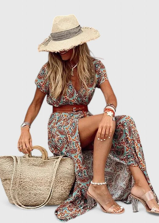 Damen Maxikleid Lässig V-Ausschnitt Boho Stil