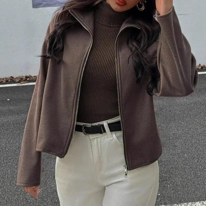 Damen Cropped Jacke Braun Stehkragen Reißverschluss - Norvielle