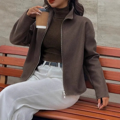 Damen Cropped Jacke Stehkragen Reißverschluss