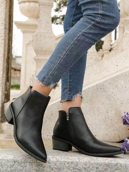 Norvielle Damen Stiefeletten Kunstleder Spitz Niedriger Blockabsatz