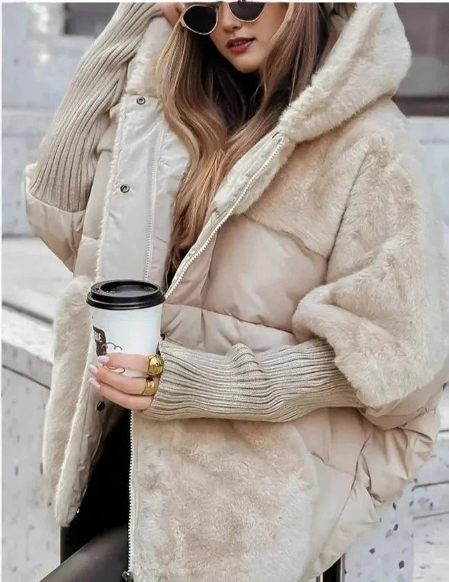 Ivorya Damen Steppjacke Oversized Kunstfellkapuze