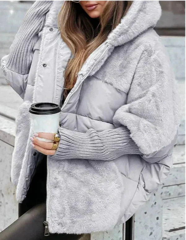 Ivorya Damen Steppjacke Oversized Kunstfellkapuze