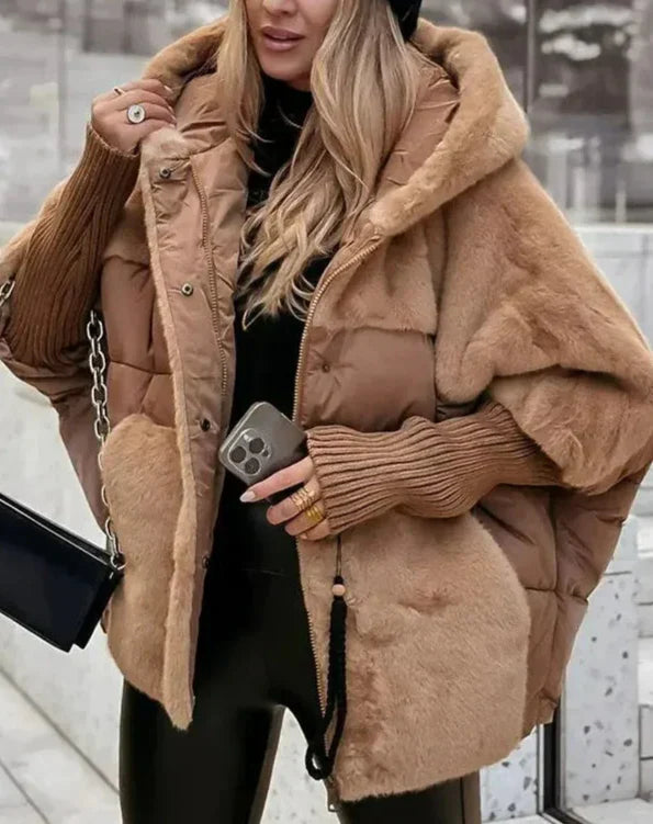 Ivorya Damen Steppjacke Oversized Kunstfellkapuze Schwarz - Norvielle