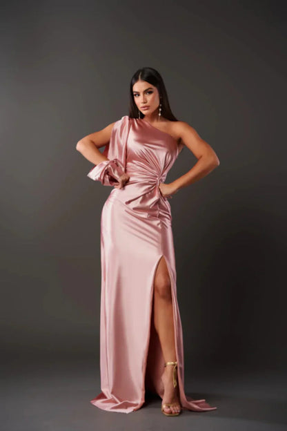 Asymmetrisches Damenabendkleid Satin One-Shoulder mit Schlitz