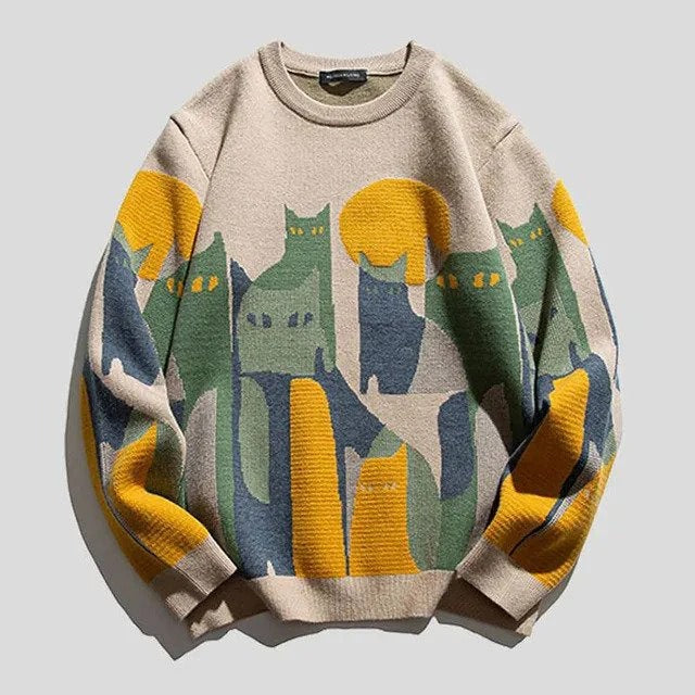 Damen Sweatshirt Relaxed Fit Stricktextur Grafikdruck Rundhals