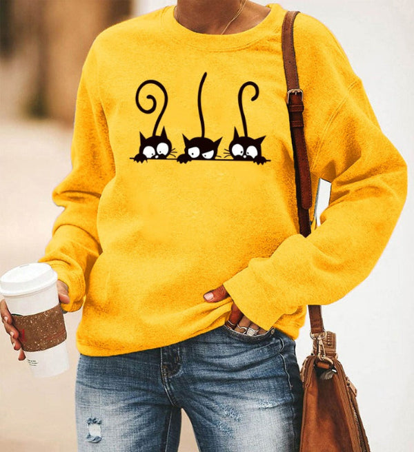 Damen Sweatshirt Oversized Baumwolle Katzenmuster Rundhals