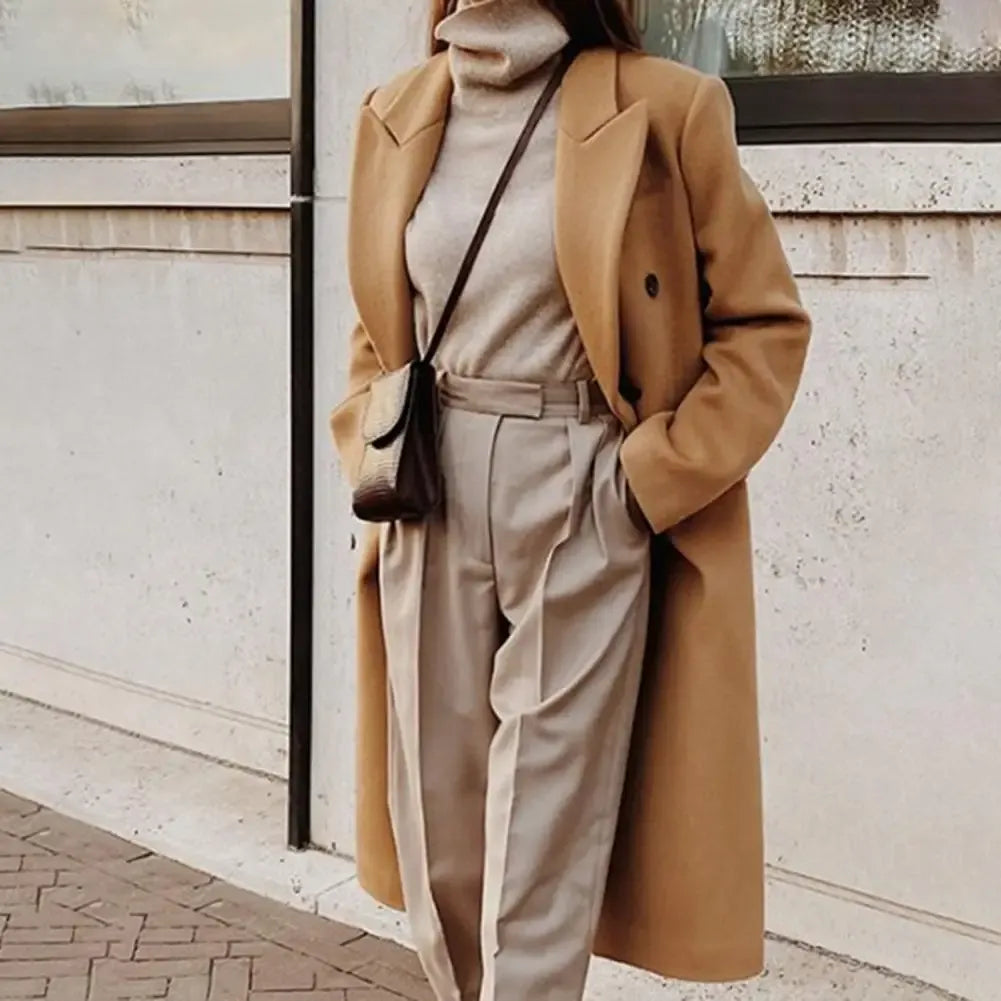 Damen Trenchcoat Schmal Wolllook Doppelreiher Schwarz - Norvielle