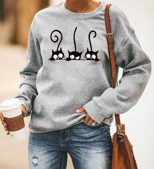Damen Sweatshirt Oversized Baumwolle Katzenmuster Rundhals