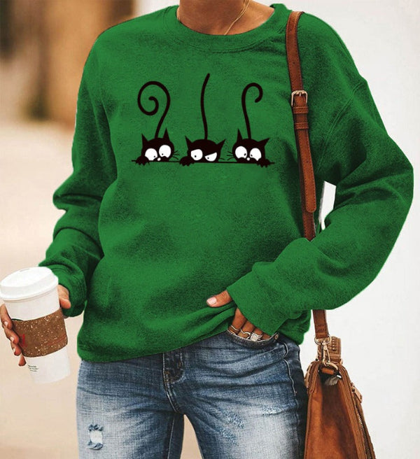 Damen Sweatshirt Oversized Baumwolle Katzenmuster Rundhals