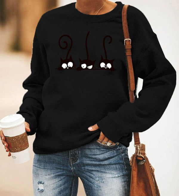 Damen Sweatshirt Oversized Baumwolle Katzenmuster Rundhals