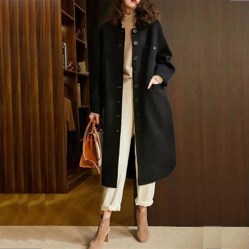 Damen Trenchcoat Wollmischung Lässig Lang Kragenlos Schwarz - Norvielle