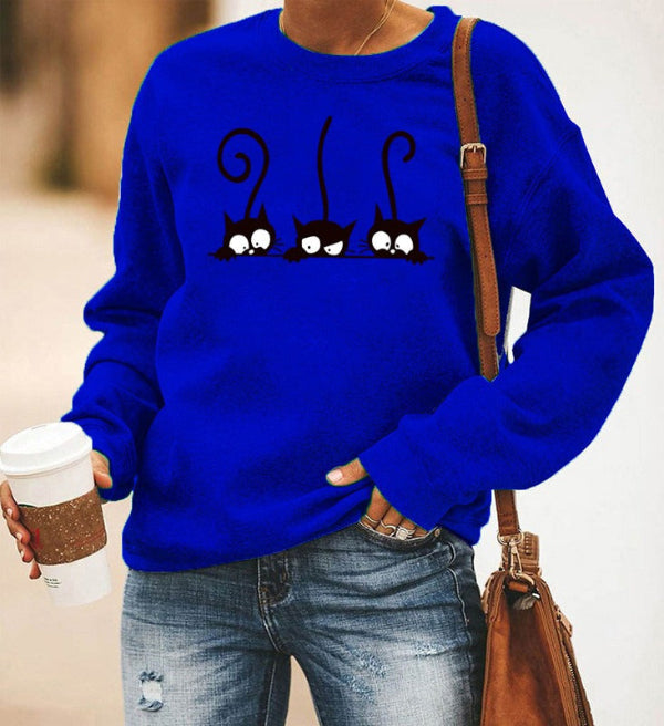 Damen Sweatshirt Oversized Baumwolle Katzenmuster Rundhals