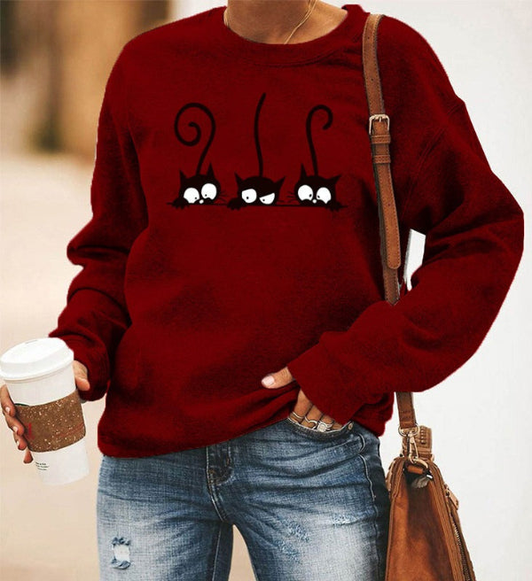 Damen Sweatshirt Oversized Baumwolle Katzenmuster Rundhals
