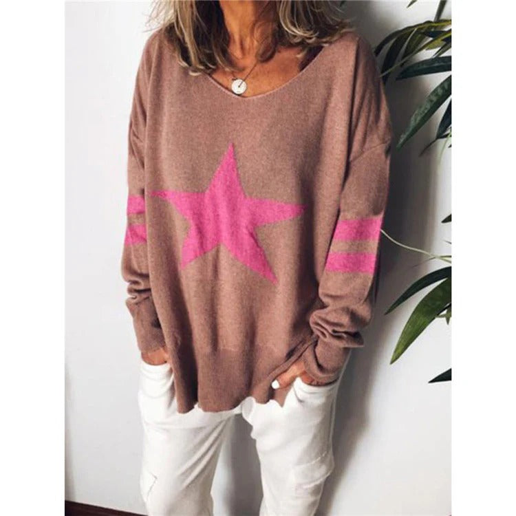 Norvielle Damen Pullover Weiches Strick Rundhals Gestreift - Norvielle