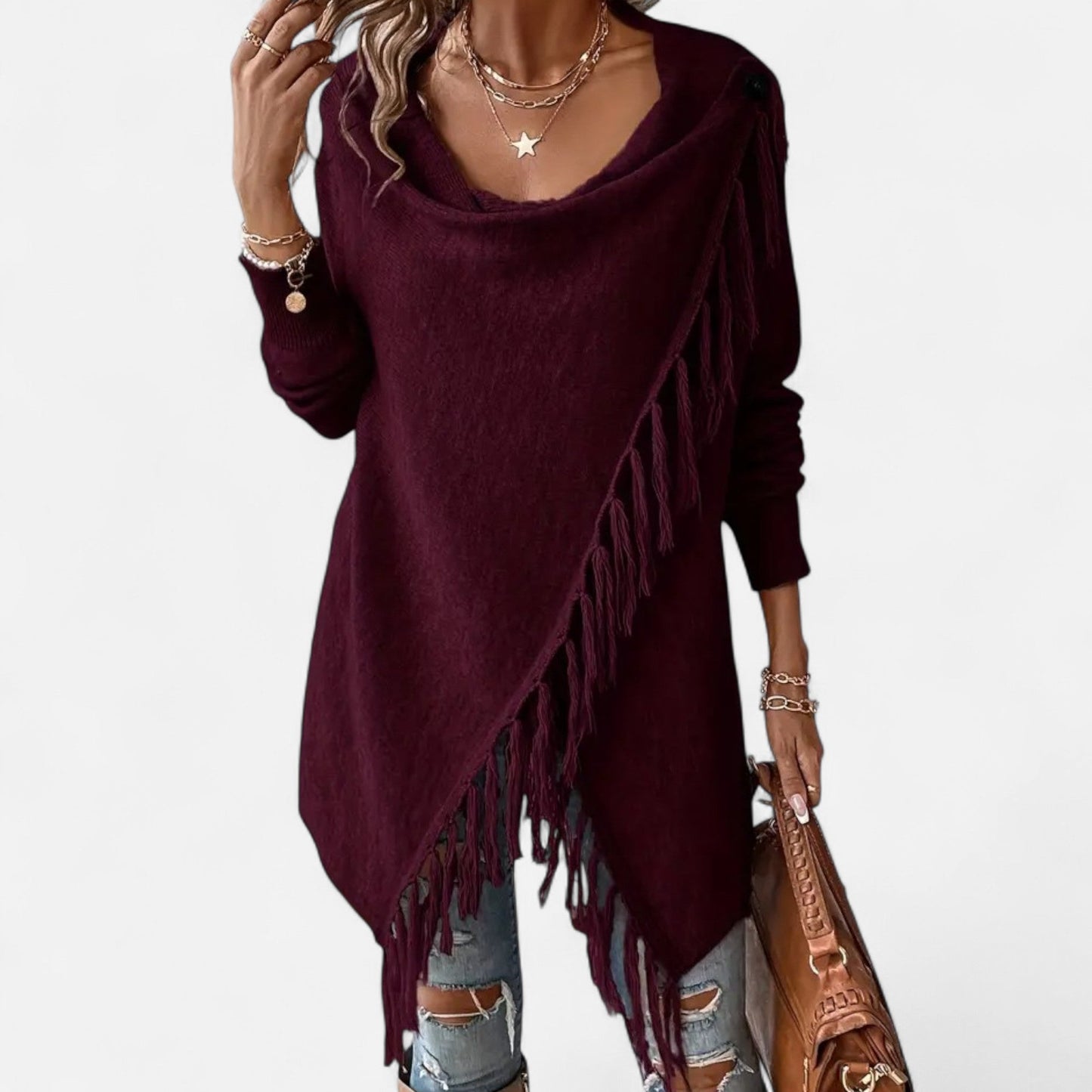 Damen Fransen-Pullover V-Ausschnitt mit Tasseln