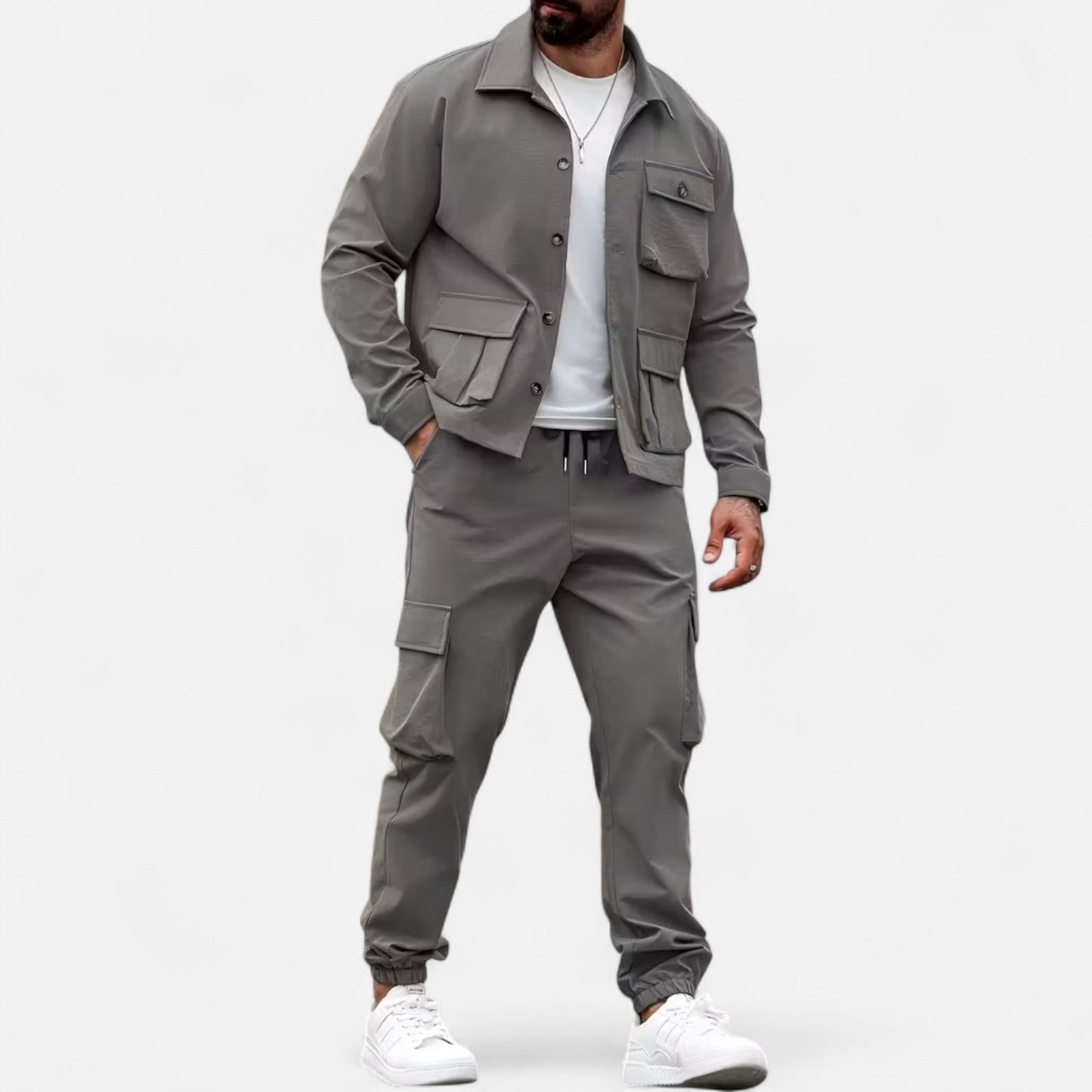 Herren Arbeitshemd & Jogger Set mit Kordelzug und Multi-Taschen