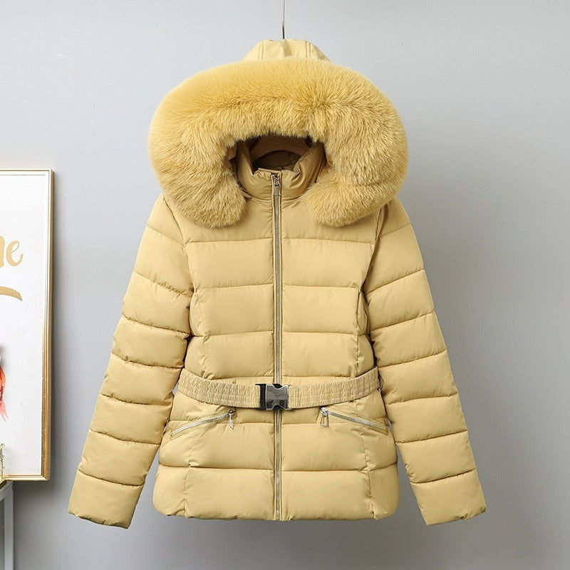 Damen Pufferjacke Gürtel Abnehmbare Fellkapuze Gesteppt