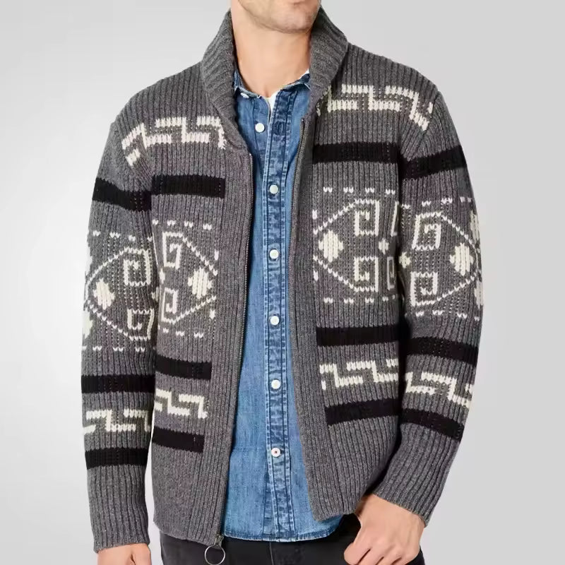 Herren Strickcardigan Tribal Muster Reißverschluss Anthrazit