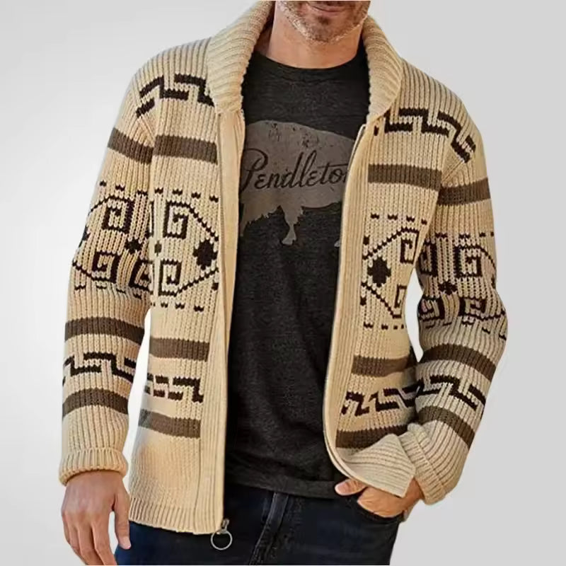 Herren Strickcardigan Tribal Muster Reißverschluss Anthrazit