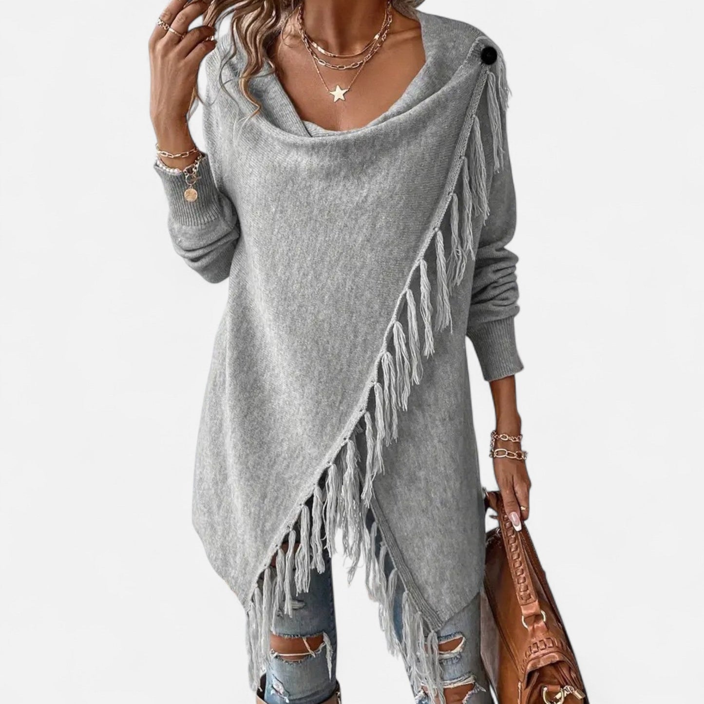 Damen Fransen-Pullover V-Ausschnitt mit Tasseln