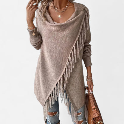 Damen Fransen-Pullover V-Ausschnitt mit Tasseln