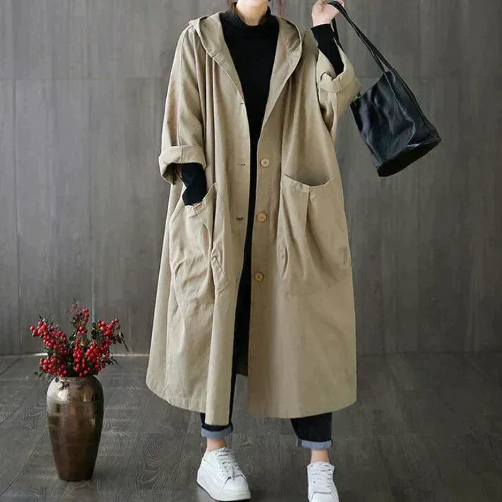 Damen Trenchcoat Oversized Kapuze Baumwolle Lang - Norvielle
