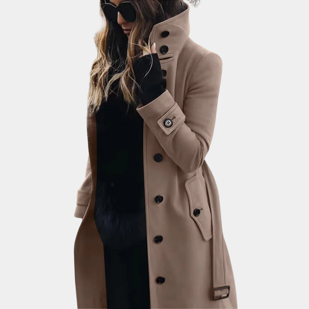 Damen Trenchcoat Taillierte Passform Wolltextur Schwarz - Norvielle