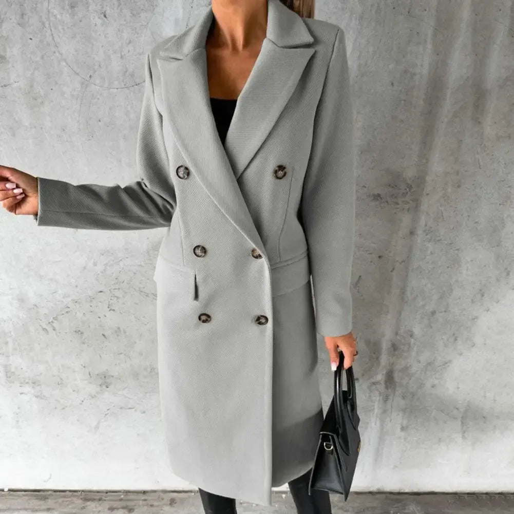 Damen Trenchcoat Wollmischung Taillierte Passform Doppelreihig Knie
