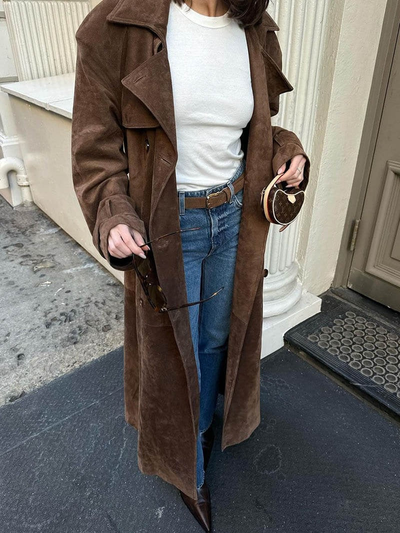 Damen Trenchcoat Lockere Passform Wildlederoptik Mit Gürtel - Norvielle